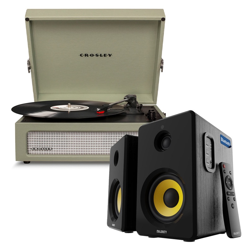 Crosley Voyager Bluetooth Portable Turntable – Sage + Bundled Majority D40X Bluetooth Speakers V398-CR8017BMY-SA4