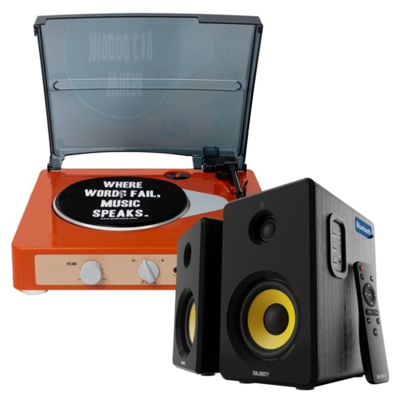 Gadhouse Brad MKII Record Player – Tangerine + Bundled Majority D40X Bluetooth Speakers V398-GAD0105-MY