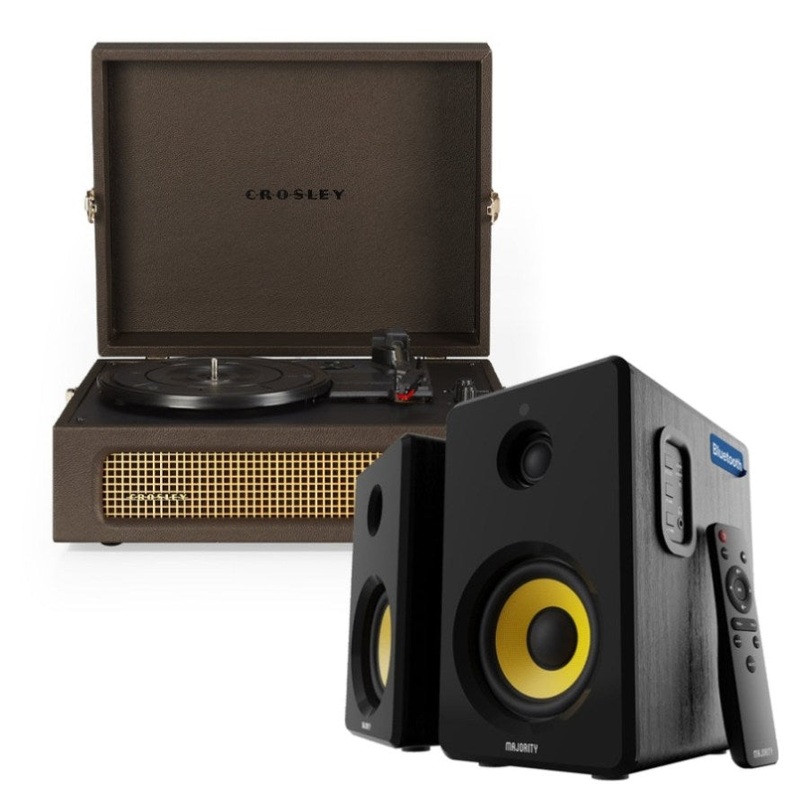 Crosley Voyager Bluetooth Portable Turntable – Cocoa + Bundled Majority D40X Bluetooth Speakers V398-CR8017BMY-CO4