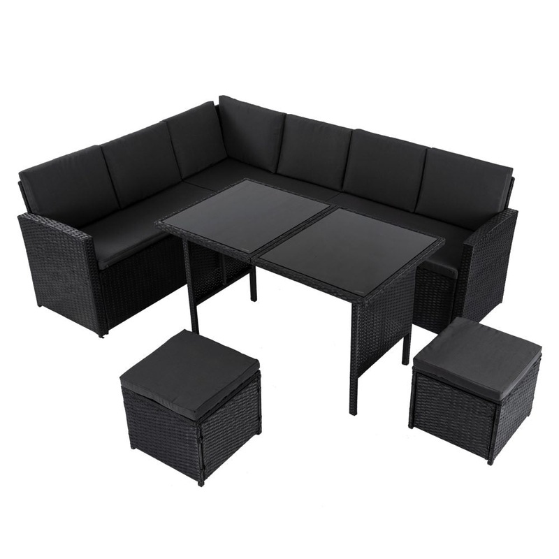 Ella 8-Seater Modular Outdoor Garden Lounge and Dining Set with Table and Stools in Black V264-OTF-526S-BLK
