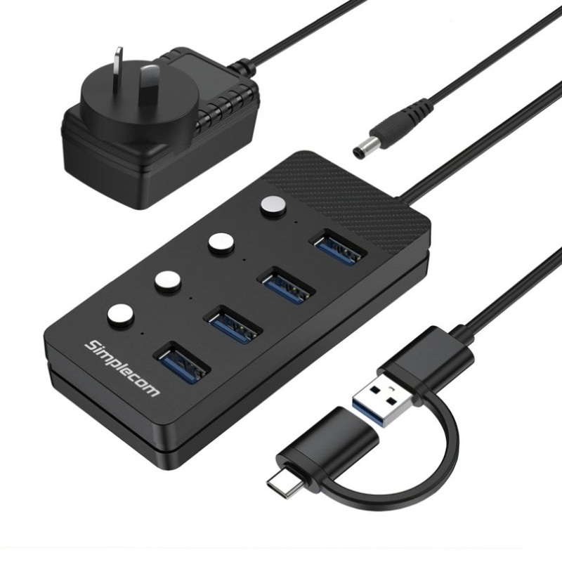 Simplecom CH345C SuperSpeed USB-A and USB-C to 4-Port USB 3.0 Hub 5Gbps Individual Switches and V28-SIMCH345C