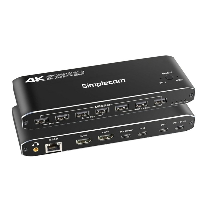 Simplecom KM590 2-Port USB-C Dual 4K HDMI Monitor KVM Switch and Docking Station with Network V28-SIMKM590
