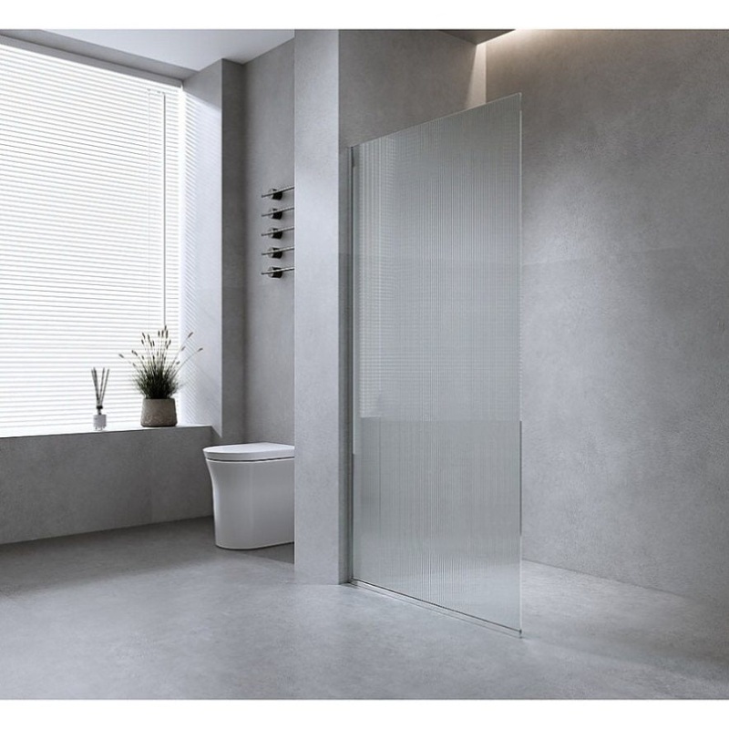100cm Reeded Single Shower Glass Screen with Chrome Wall Channel & Square Pole V63-919981