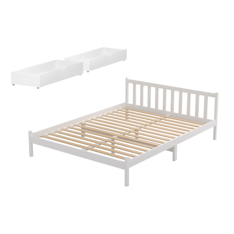Artiss Bed Frame Queen Size Wooden Platform with 2 Storage Drawers White WBED-G-001Q-WH-DRAW