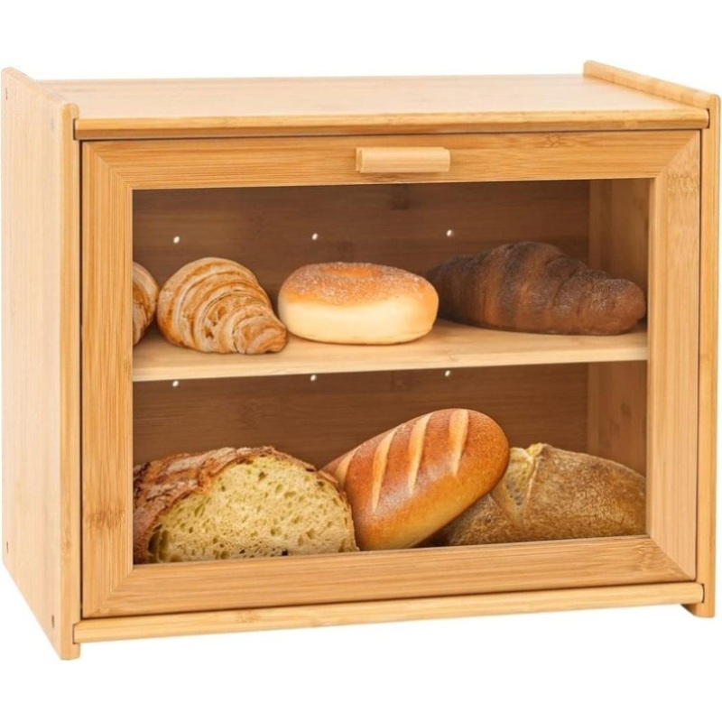 Double Layer Bamboo Bread Box for Kitchen Counter with Large Capacity and Transparent Window V178-36092