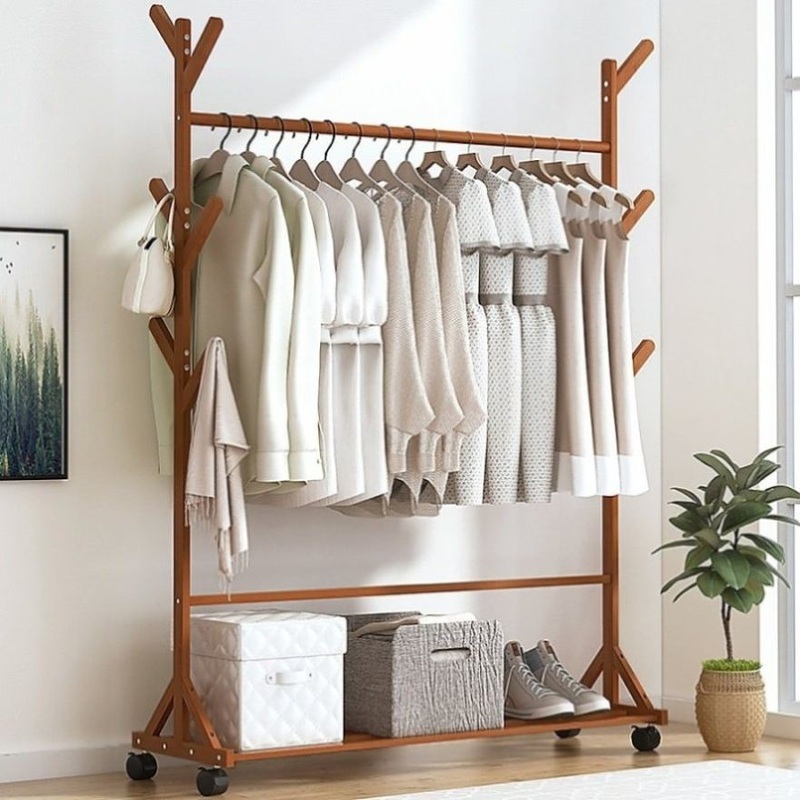Portable Clothes Rack Coat Garment Stand Bamboo Rail Hanger Airer Closet V63-838101