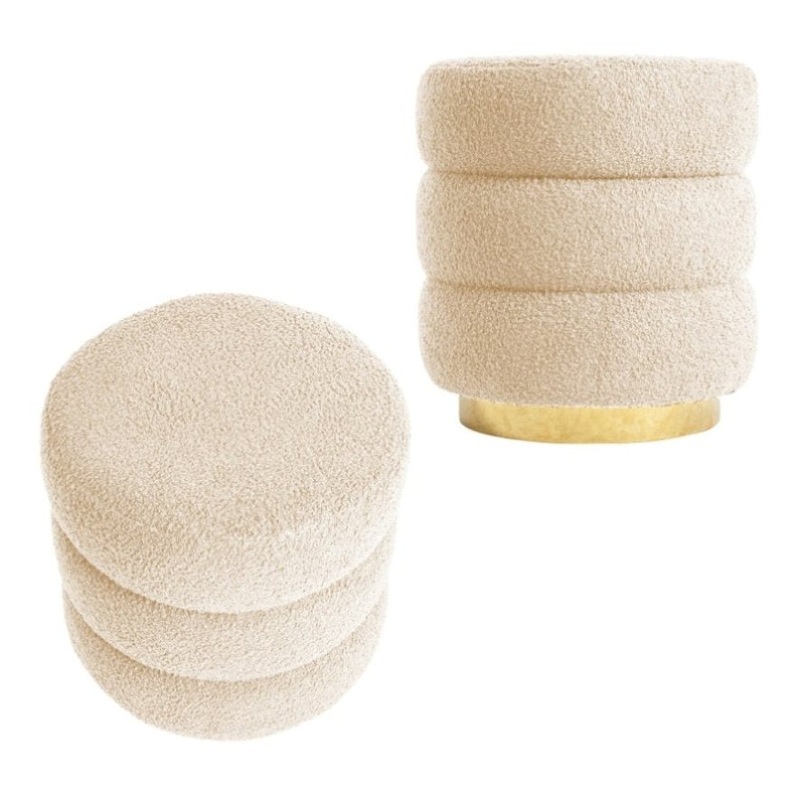 2X Round Stacked Ottoman Stool Teddy Fleece Fabric Foot Rest 38cm BEIGE V274-FT-STP067-BE2