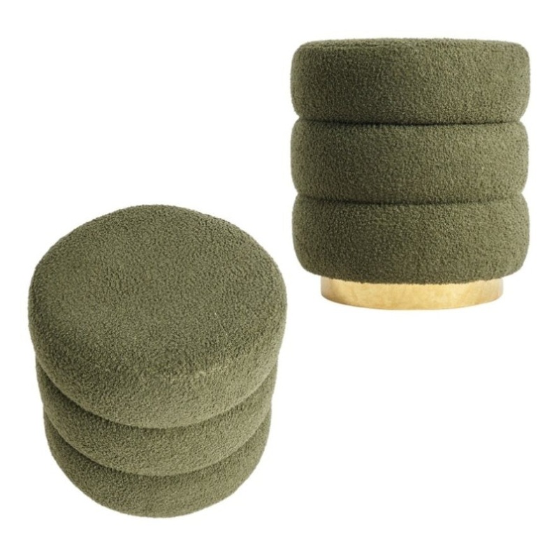 2X Round Stacked Ottoman Stool Teddy Fleece Fabric Foot Rest 38cm GREEN V274-FT-STP067-DGN2