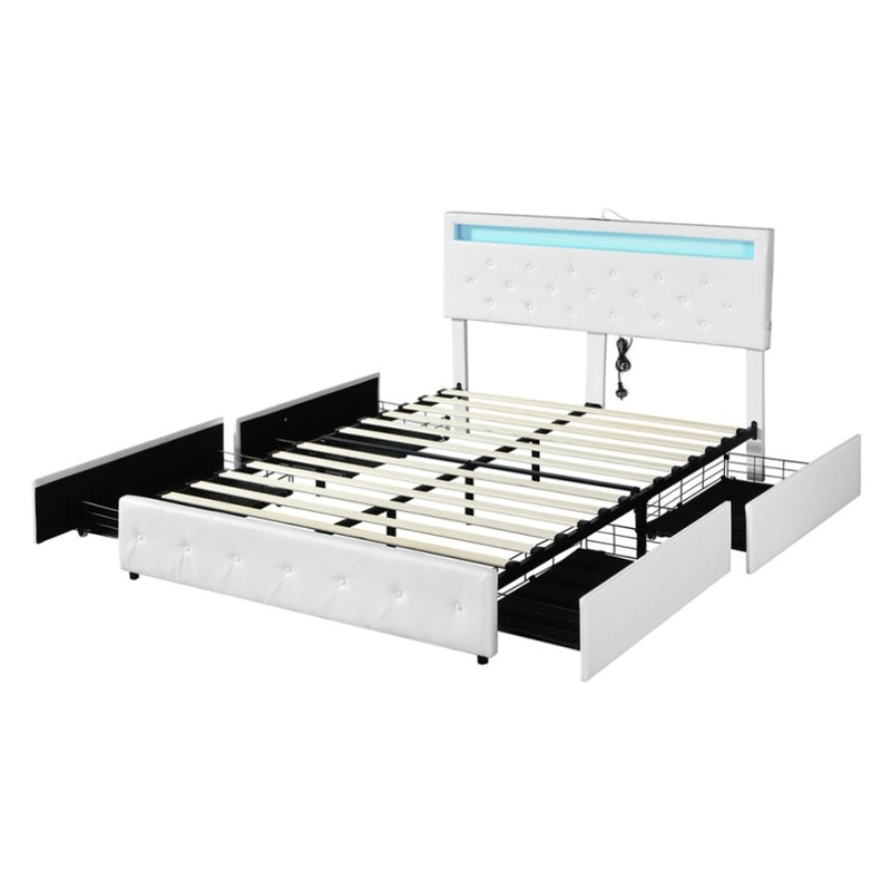 Levede Queen Bed Frame RGB LED PU 4 Drawer USB BF1051-Q-WH