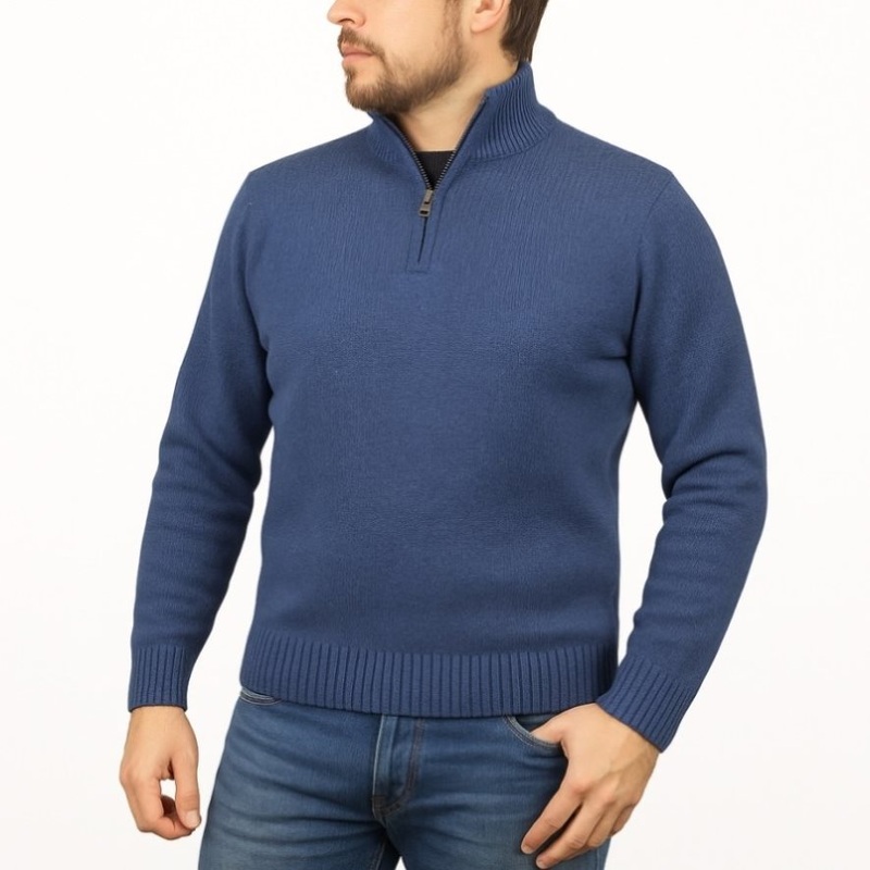 100% SHETLAND RAGG WOOL Half Zip Up Knit JUMPER Pullover Mens Sweater Knitted in Sky – M V563-SW-HZ-SKY40-M