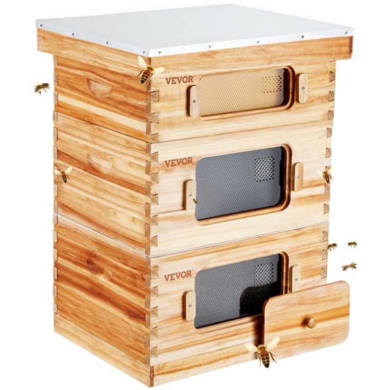 VEVOR Bee Hive 30 Frame Bee Hives Starter Kit, Beeswax Coated Fir Wood, 2 Deep + 1 Medium Bee Boxes V952-CTFXSMSHX2ZHGHAL4V0