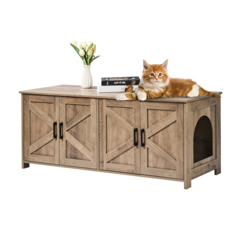 VEVOR Cat Litter Box Enclosure Wooden Litter Box Furniture Hidden 2 Rooms Greige V952-JSDMMSPWQ472MXLF5V0