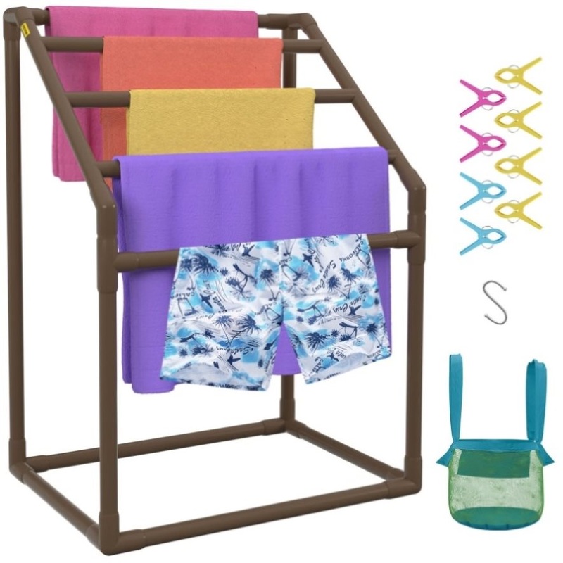 VEVOR Pool Towel Rack, 5 Bar, Brown, Freestanding Outdoor PVC Trapedozal Poolside Storage Organizer, V952-MJJZSTXGBDDW5DYL3V0