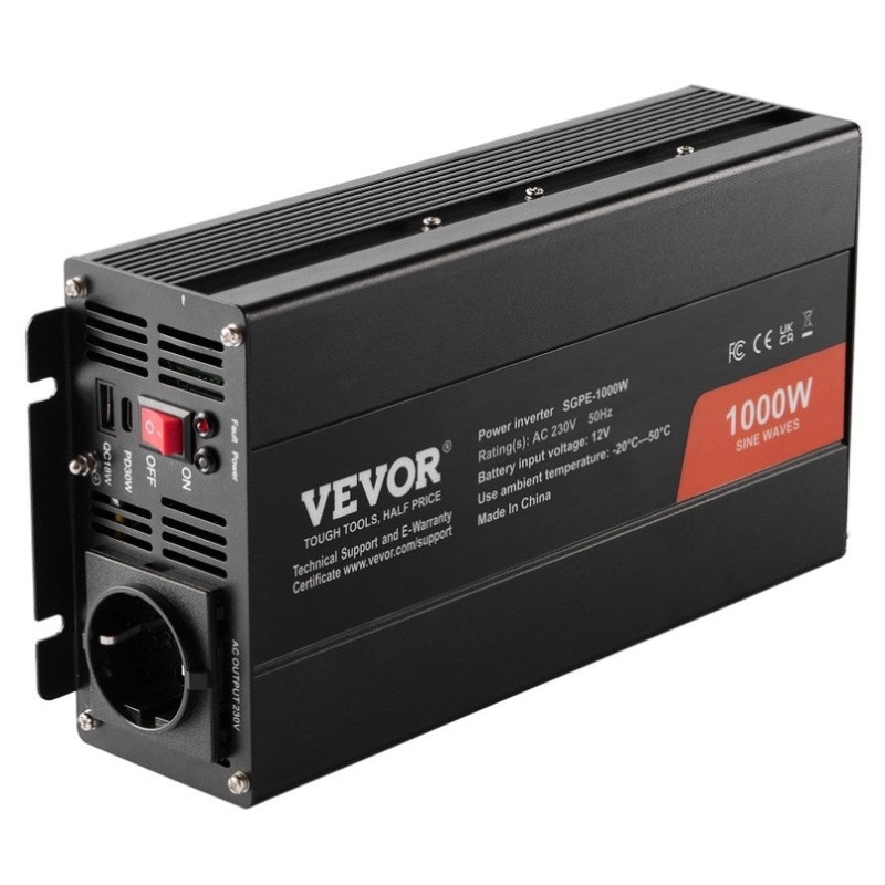VEVOR Pure Sine Wave Inverter, 1000 Watt, DC 12V to AC 230V Power Inverter with 2 AC Outlets 2 USB V952-CZXNBQ1000WCILWT2V3