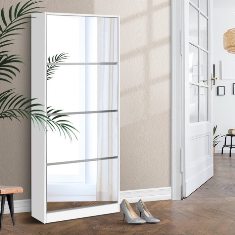 Artiss Shoe Rack Cabinet Mirror 60 Pairs White Rira FURNI-L-SHOE-MIR4D-WH-AB