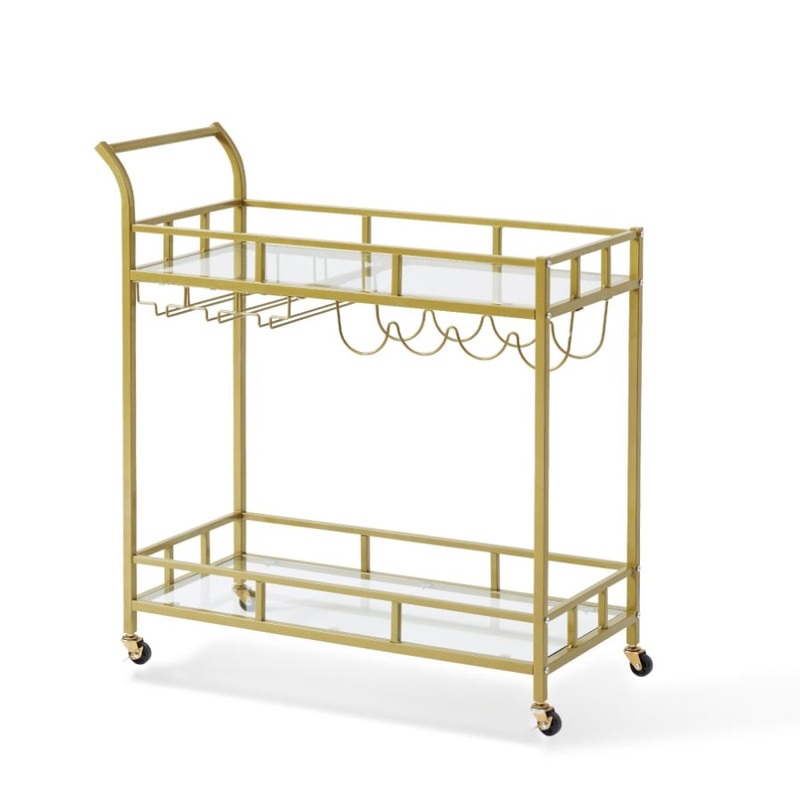 VEVOR 2 Tiers Gold Metal Bar Serving Cart with Wine Rack Glass Holder 120 LBS V952-BLFWCCB15X315AFJYV0
