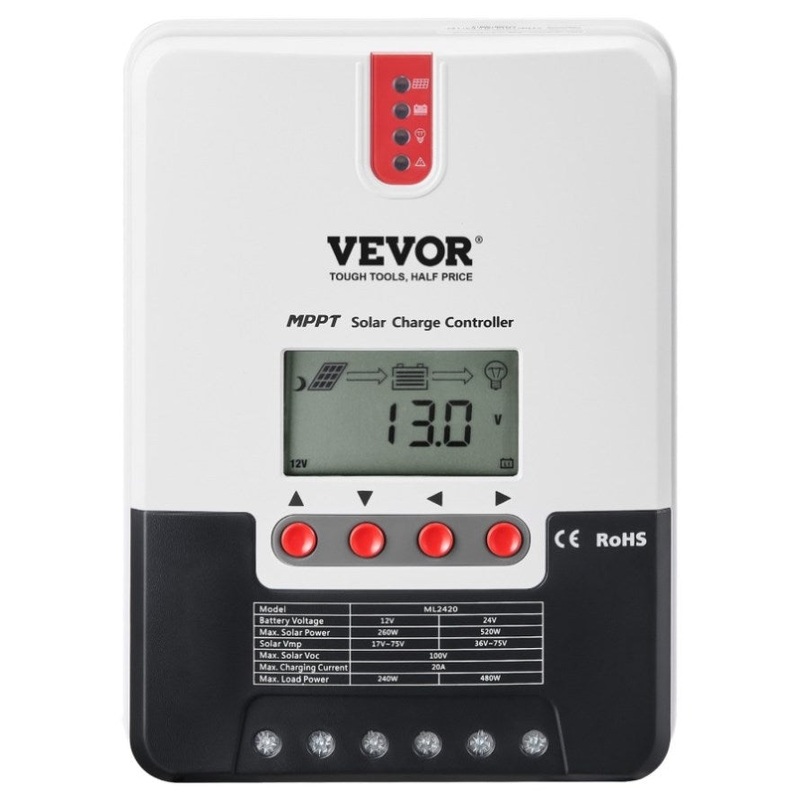 VEVOR 20A MPPT Solar Charge Controller, Auto DC Input, Solar Panel Regulator Charger with LCD V952-DYTYNCDKZQWYXOHN8V9