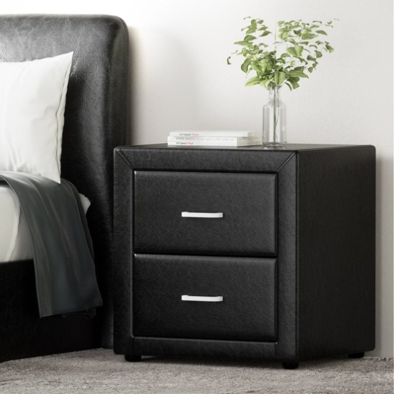 Artiss Bedside Table 2 Drawers Side Table Leather – CADEN Black BFRAME-E-BSIDE-BK