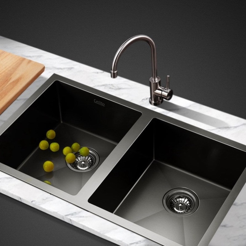 Cefito Kitchen Sink 77X45CM Stainless Steel Basin Double Bowl Black SINK-BLACK-7745