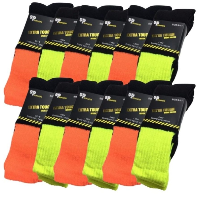 12x Pairs HI VIS SOCKS Workwear Work Safety High Visibility Fluro Cushioned BULK – Mixed Pack – 6-11 V563-12XBR-HIVISSOX-MCOLOR6-11