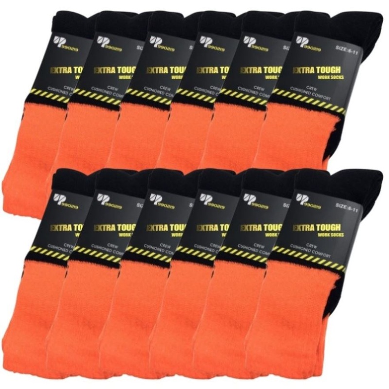 12x Pairs HI VIS SOCKS Workwear Work Safety High Visibility Fluro Cushioned BULK – Orange – 6-11 V563-12XBR-HIVISSOX-ORG6-11