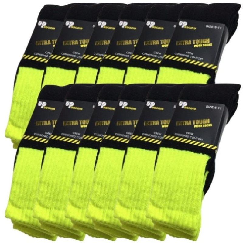 12x Pairs HI VIS SOCKS Workwear Work Safety High Visibility Fluro Cushioned BULK – Yellow – 6-11 V563-12XBR-HIVISSOX-YLW6-11