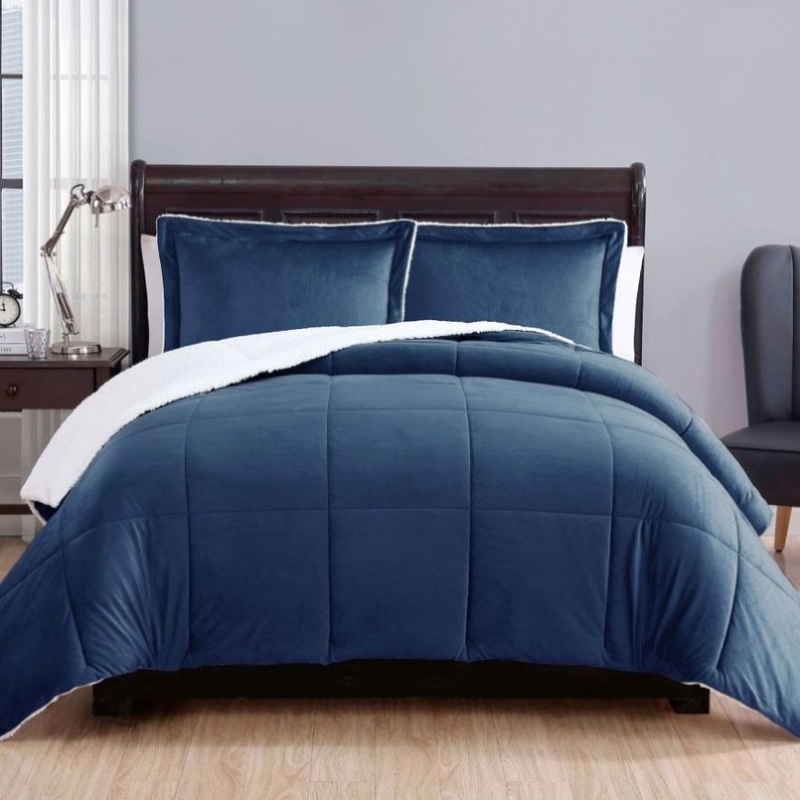 3 Piece Ultra-soft Micro Mink Comforter Set Queen with Sherpa Reverse Navy Blue V442-ATX-COMFORTER-3PIECEMICROMINK-NAVY-QS