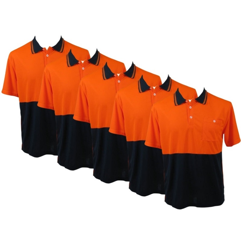 5x HI VIS Polo Shirt Top Tee Safety Workwear Short Sleeve Breathable Mesh BULK – Orange/Navy – XL V563-BR-5WRKPOLO-ORNGNAVY-XL