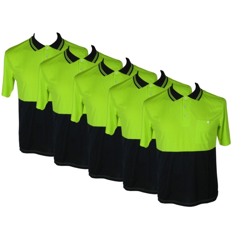 5x HI VIS Polo Shirt Top Tee Safety Workwear Short Sleeve Breathable Mesh BULK – Yellow/Navy – S V563-BR-5WRKPOLO-YLWNAVY-S