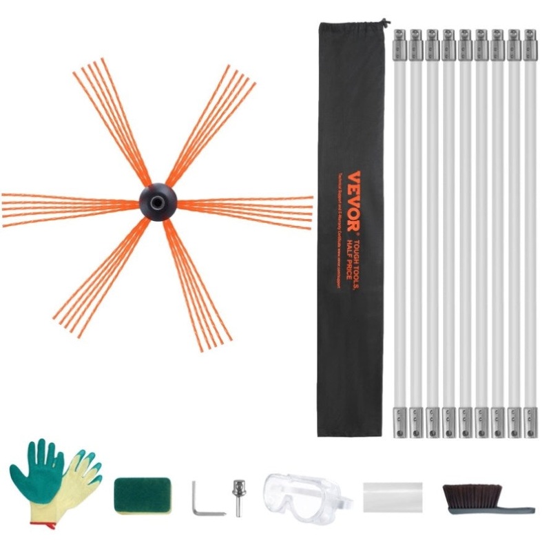 VEVOR 9 m Chimney Sweep Kit, w/ 9 Reinforced Nylon Flexible Rods, Ergonomic Chimney Cleaning Brush, V952-YCS30YC1PCS9ENFT8V0
