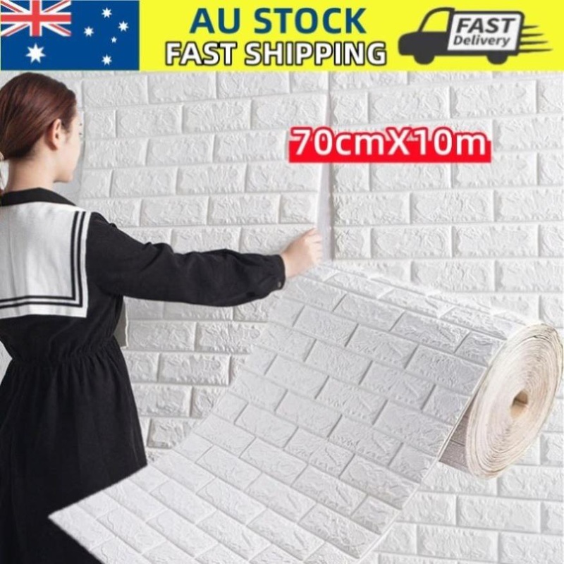 70CMx10M 3D Wall Paper Panel Foam Brick Self Adhesive Waterproof Wallpaper Sticker V201-HW01WH-10M-AU