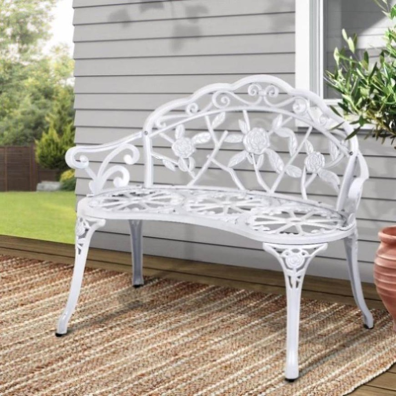 Gardeon Outdoor Garden Bench Seat 100cm Cast Aluminium Outdoor Patio Chair Vintage White GB-CALU-XG1002-WH