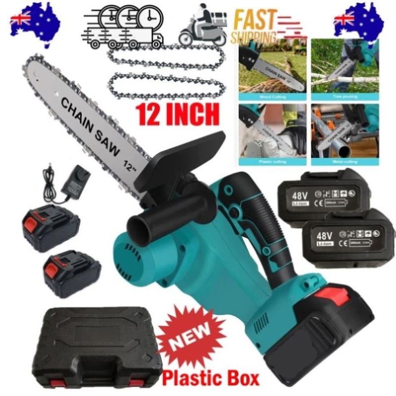 12inch Cordless Electric Chainsaw + 2 Battery 2 Chain Brushless Wood Cutter Saw V201-FDZ0012BU8AU