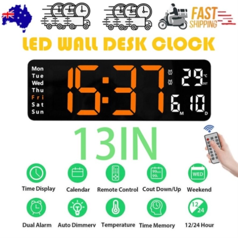 13 Orange Large Digital Big Jumbo LED Wall Desk Clock Display With Temperature Calendar V201-FAZ0013OR8AU