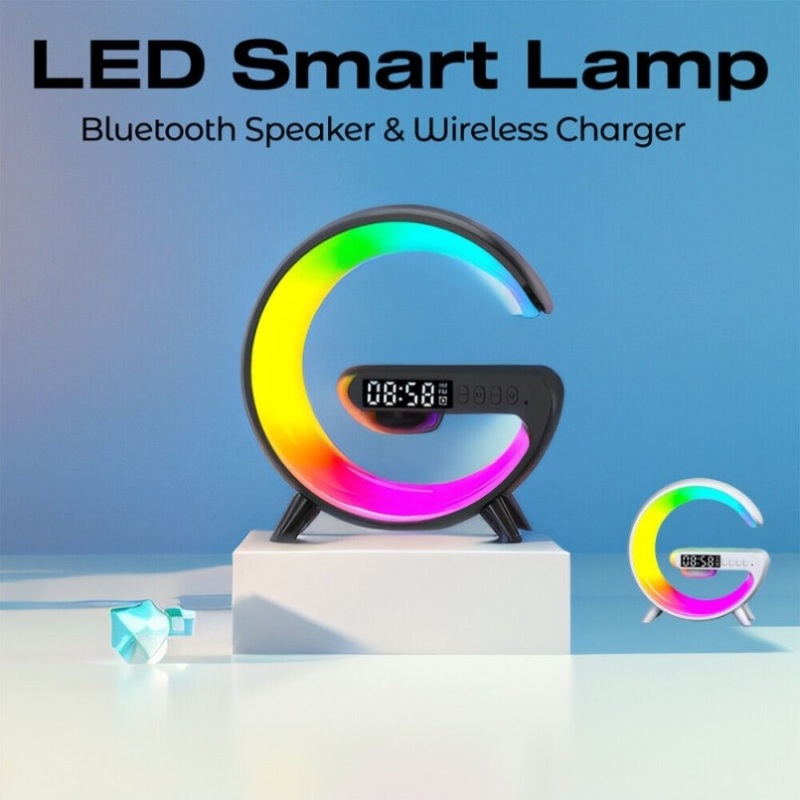 Black Smart G Lamp Night Light Bluetooth Speaker Wireless Charger LED RGB Alarm Clock V201-W12854967