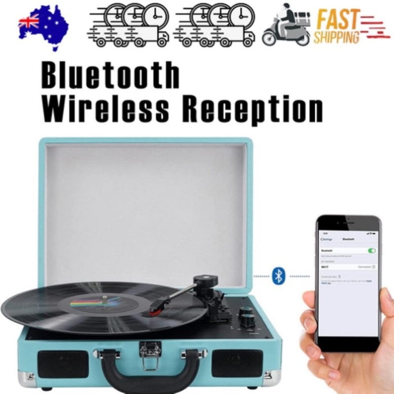 Blue Retro Briefcase Vinyl Record Player Suitcase 3 Speed Turntable Stereo Christmas V201-LPU0001BU8AU