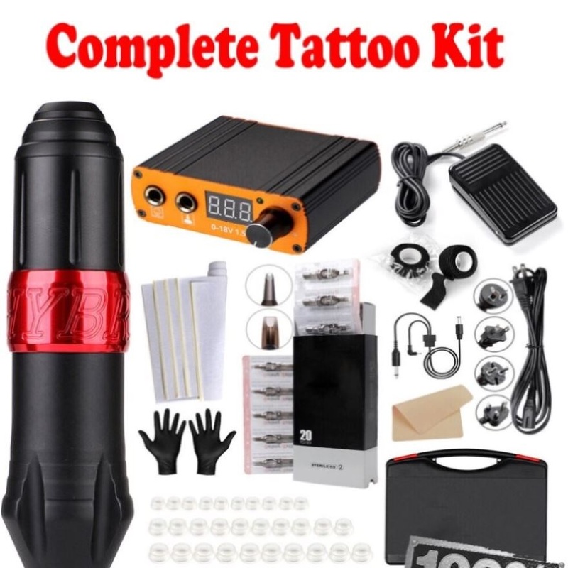 Complete Tattoo Kit rotary tattoo pen 8Inks [40Needle] Practice Skin AU-PLUG V201-HLWS008-SET