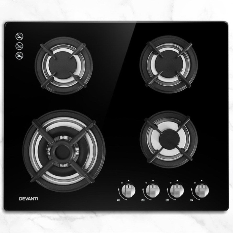 Devanti Gas Cooktop 60cm 4 Burner Black CT-GAS-4BTB-BK