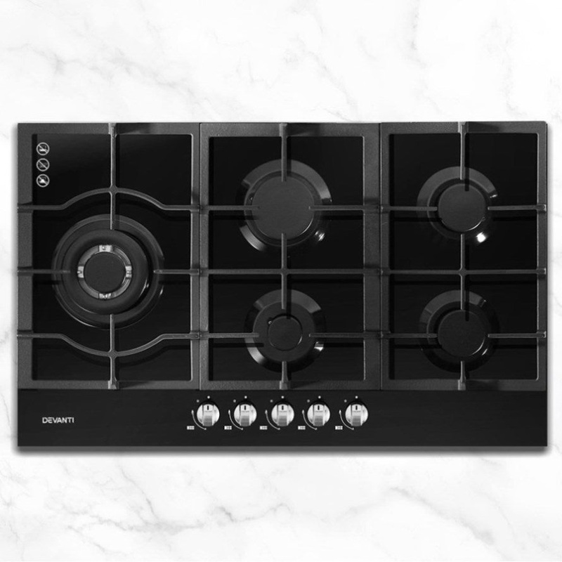 Devanti Gas Cooktop 90cm 5 Burner Black CT-GAS-5B-BK