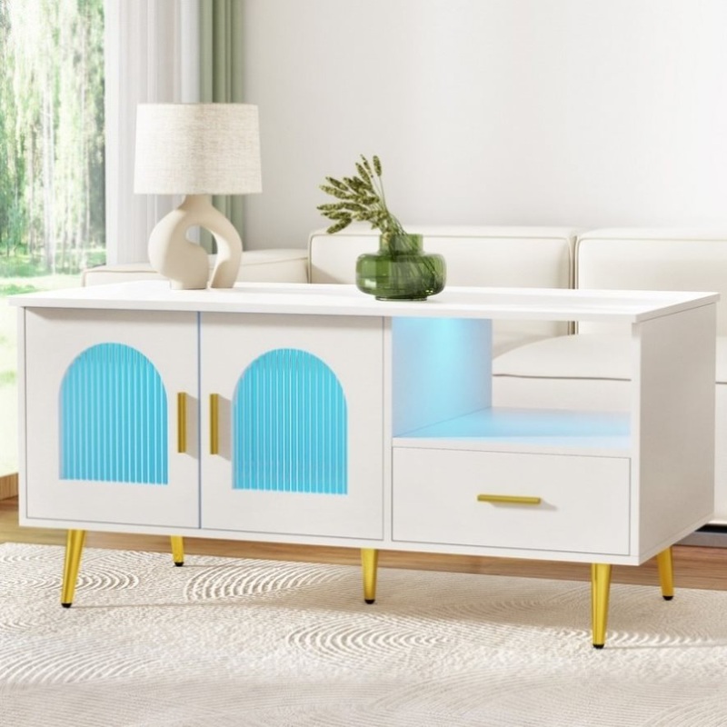 Artiss LED Coffee Table Shelf Drawer Storage White FURNI-Q-COF-LED-02-WH-AB