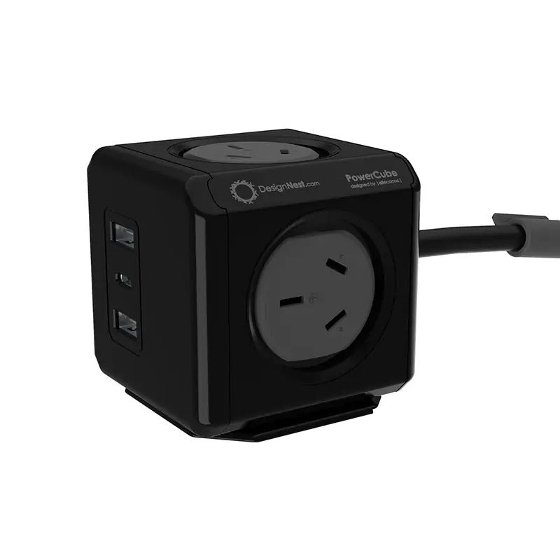 Allocacoc PowerCube Extended 4 Outlets 2 USB-A + 1 USB-C PD 20W with Surge 1.5M Black V28-ELEALL11407BK
