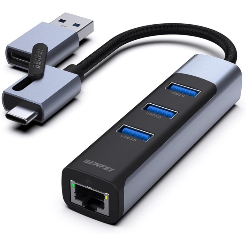 BENFEI 350GY 2-in-1 USB-C+USB 3.0 to RJ45 Gigabit Ethernet Port + 3-Port USB 3.0 HUB V28-ELEBEN350GY