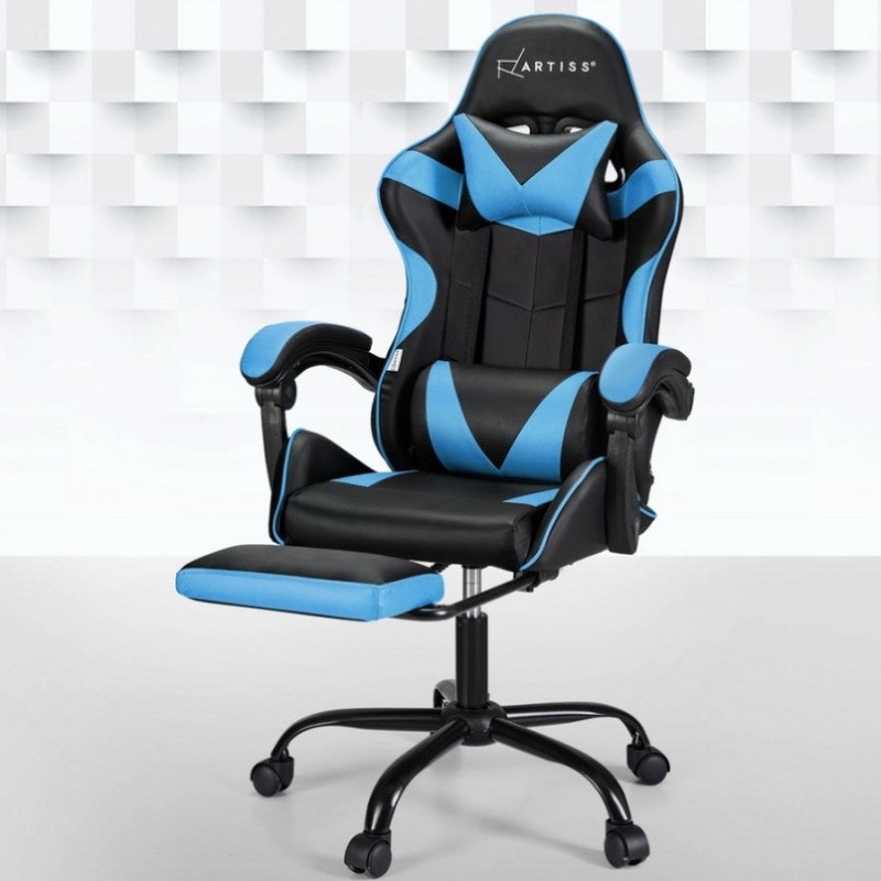 Artiss 2 Point Massage Gaming Office Chair Footrest Cyan Blue MOC-GC-2P-BK-CY