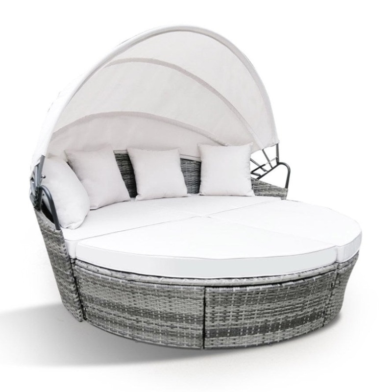 LONDON RATTAN 3PC Outdoor Daybed Patio Rattan Sofa Sun Lounge Furniture Grey Wicker Off White Canopy V219-FURODRLONADBG4