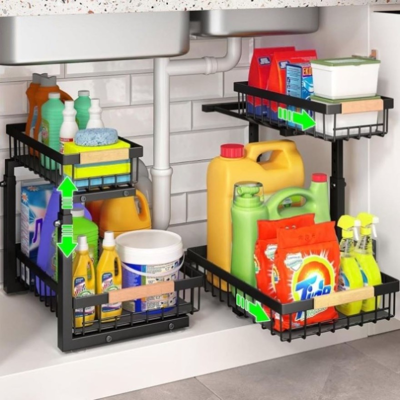 Set 2 pcs – 2-Tier Kitchen Under Sink Organiser Storage with Height Adjustable, Unique Slide Rail & V178-36127