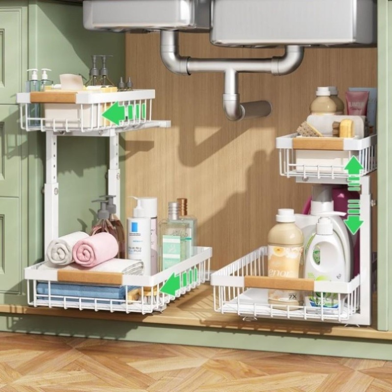 Set 2 pcs – 2-Tier Kitchen Under Sink Organiser Storage with Height Adjustable, Unique Slide Rail & V178-36128