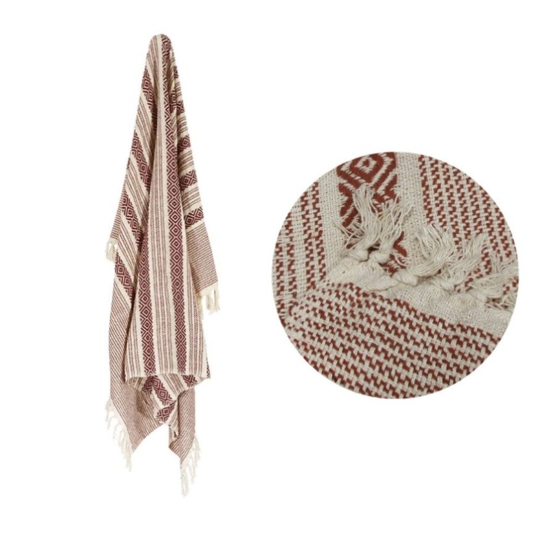 100% Cotton Fringe Throw Rug 125 x 150 cm Aztec Rust V442-MFL-THROW-AZTEC-RUST-RE