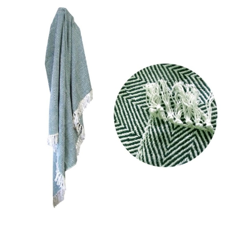 100% Cotton Fringe Throw Rug 125 x 150 cm Chevron Green V442-MFL-THROW-CHEVRON-GREEN-RE