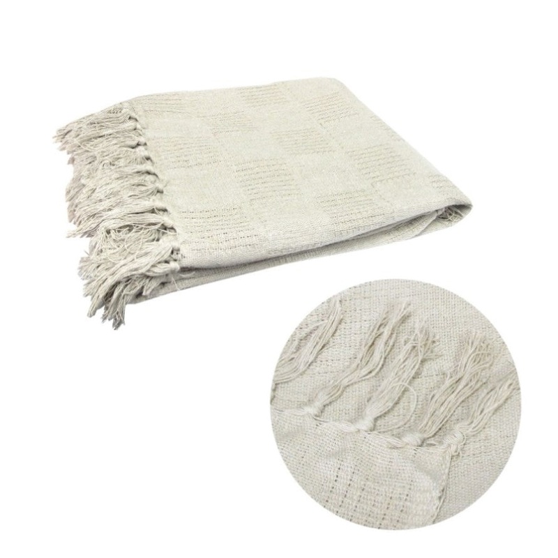 Checkerboard 100% Cotton Texture Fringe Throw Rug 125 x 150 cm Off White V442-MFL-THROW-CHECKERBOARD-OFFWHITE-RE
