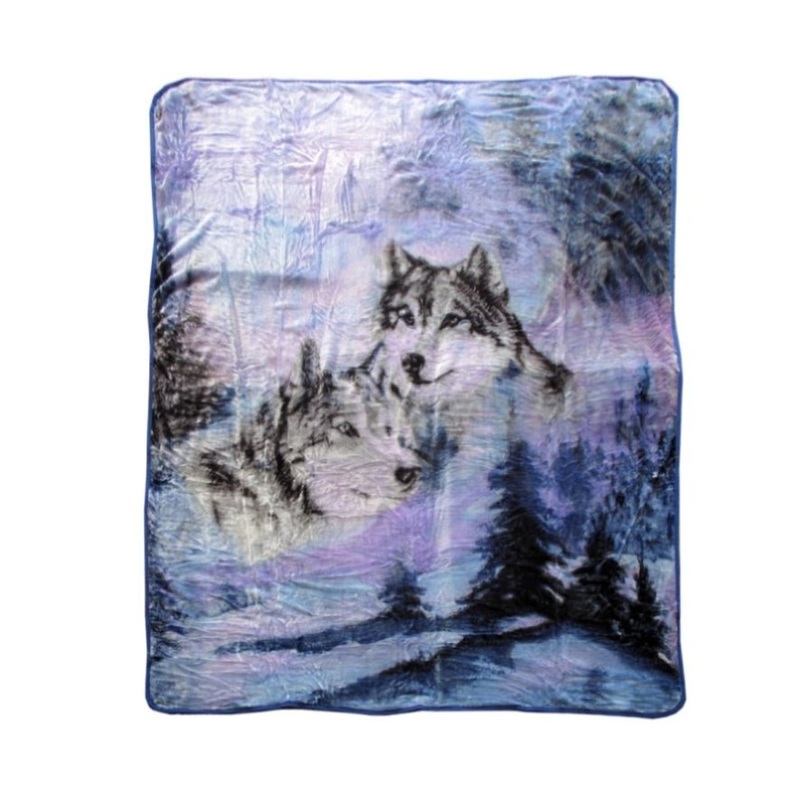 375gsm 1 Ply 3D Print Faux Mink Blanket Queen 200×240 cm Winter Wolf V442-BZO-BLANKET-3753DWINTERWOLF-BLUE-QS